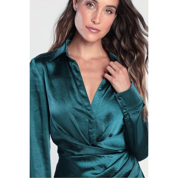 Lulu's Teal Satin Mini Wrap Dress - Picture 4 of 8